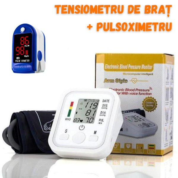 Tensiometru Electronic de Brat, Medical Digital, Automat + Pulsoximetru, Display digital, Pentru deget